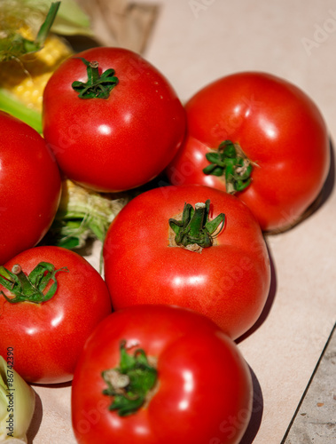 Organic vegetables corn and tomato