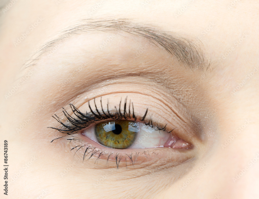 Naklejka premium Upper part of females face closeup on eye