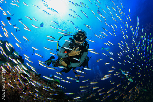 Scuba diving on tropical coral reef with fish underwater