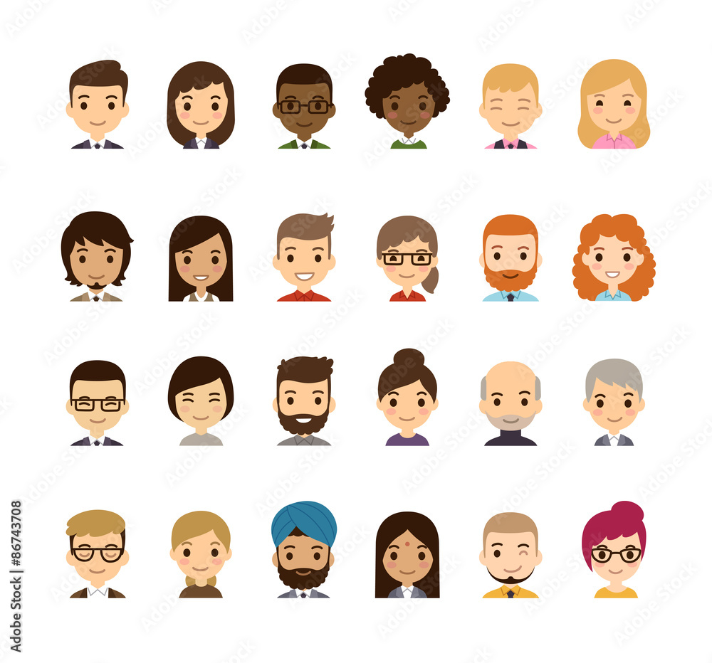 Set of diverse avatars. Different nationalities, clothes and hair styles. Cute and simple flat cartoon style.