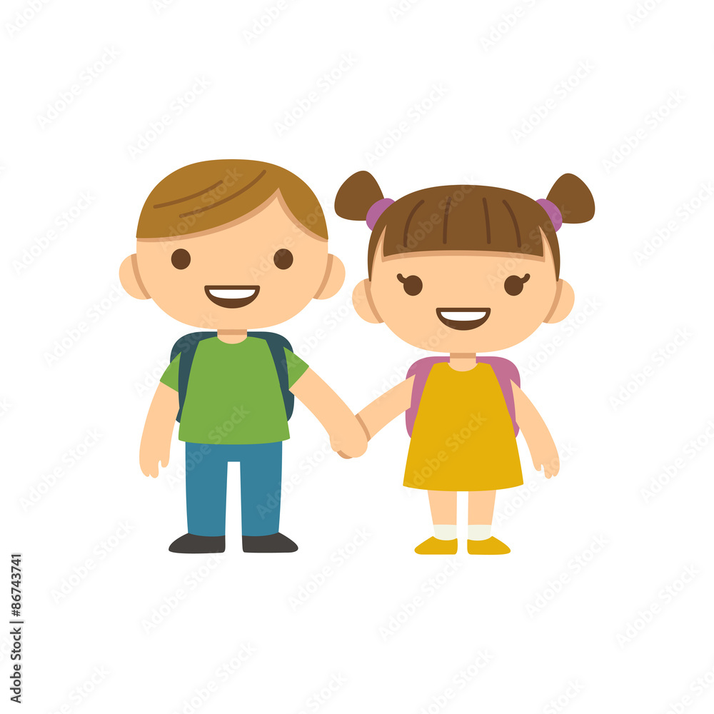 Two cute cartoon children with school backpacks smiling and holding hands.  Older boy and smaller girl in dress with pigtails. Stock Vector | Adobe  Stock