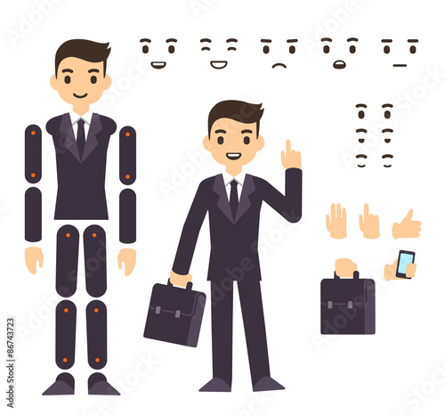 Young businessman cartoon character in formal suit, animation ready vector doll with separate joints. Extra gestures, facial expressions and items (suitcase, smartphone)