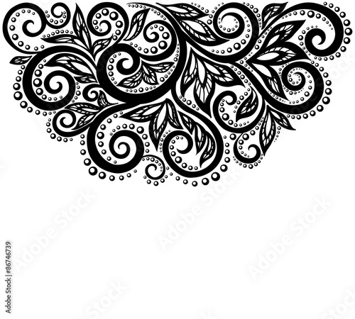 Black and white lace flowers and leaves isolated on white. Floral design element in retro style.