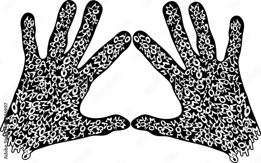 vector illustration of two black hands with letters inside vector illustration of two black hands with letters inside