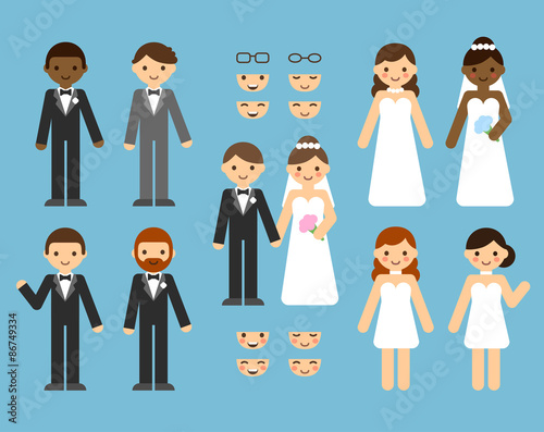 Wallpaper Mural A cute cartoon wedding couple constructor set. Different clothes, skin tones, hair styles, poses to mix and match. Torontodigital.ca