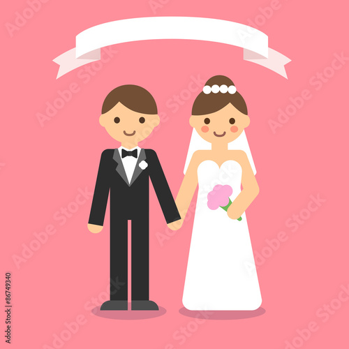 Happy wedding couple holding hands, cute and simple flat cartoon style.