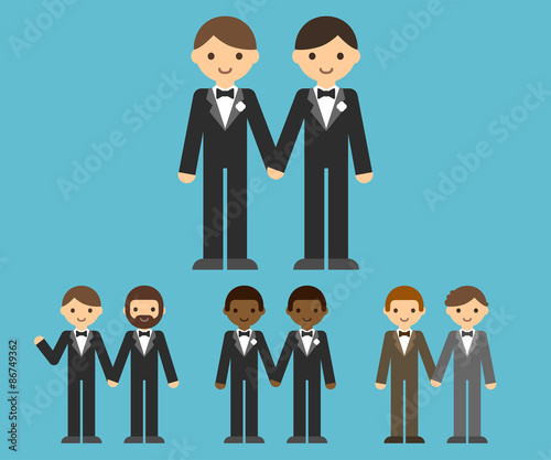 A set of cute cartoon gay couples holding hands.  Caucasian and African American. Different clothes and hair styles.