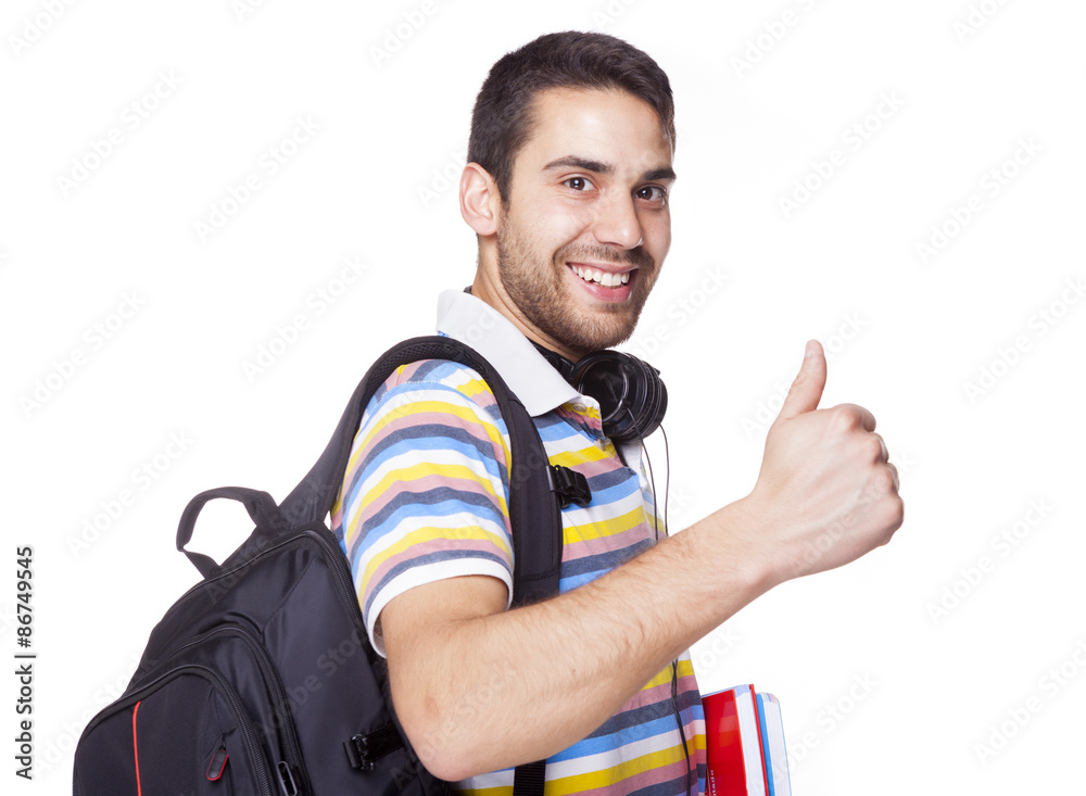 Happy student standing thumbs up on white background Happy student standing thumbs up on white background