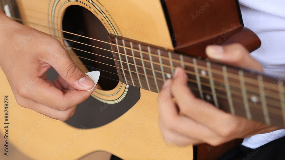 Close up of hand playing acoustic guitar Close up of hand playing acoustic guitar