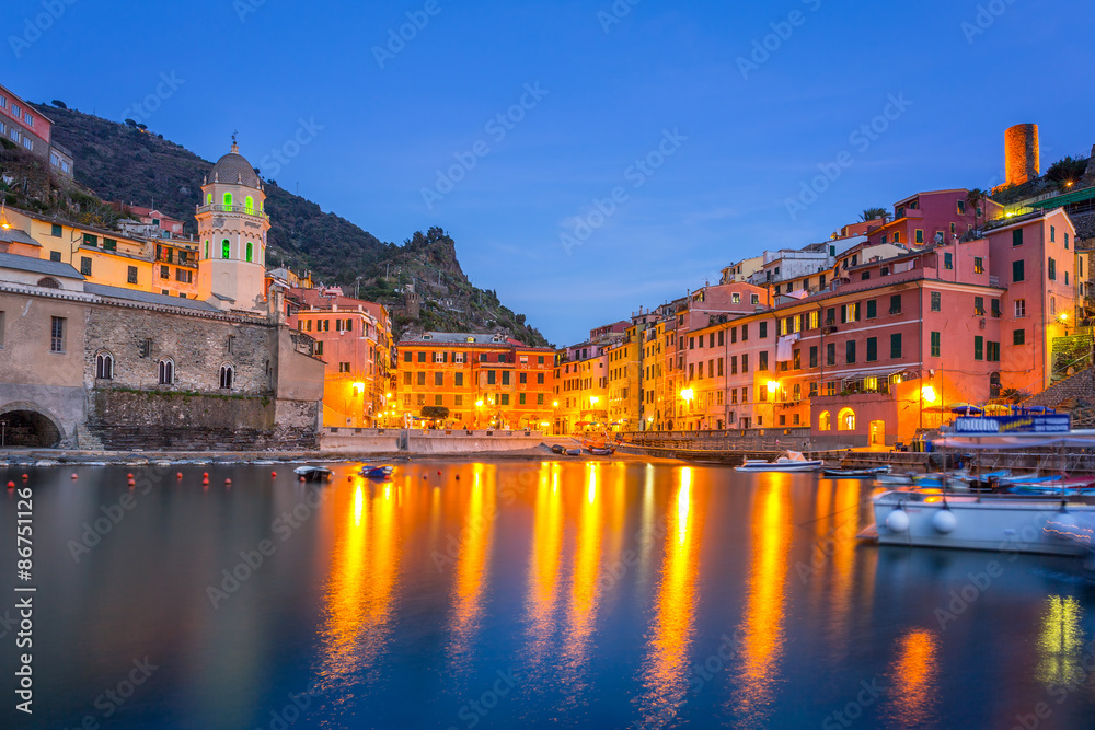 Vernazza town on the coast of Ligurian Sea at dusk, Italy