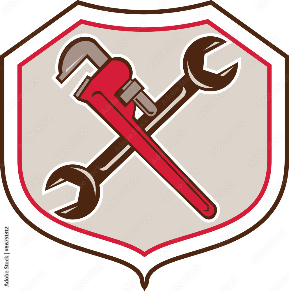 Pipe Wrench Spanner Crossed Shield Cartoon Pipe Wrench Spanner Crossed Shield Cartoon
