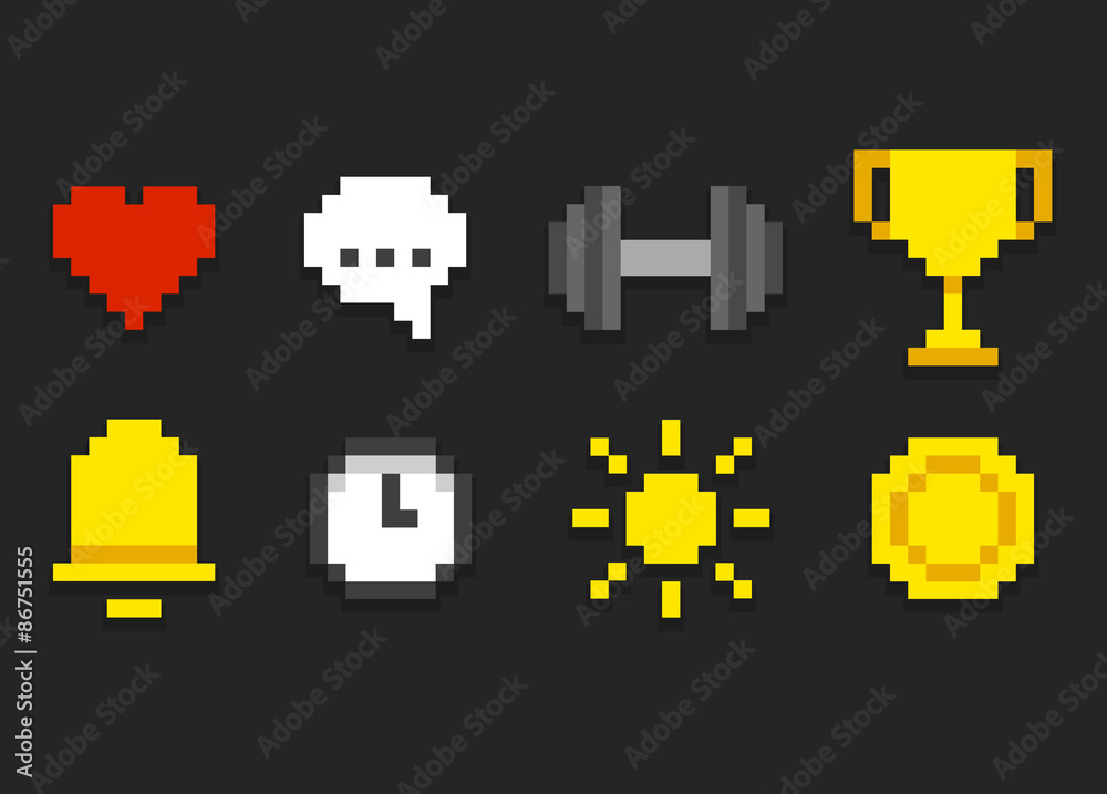 Pixel icons for app, web or video game interface. Health and activity, alarm and notification and emore. Pixel icons for app, web or video game interface. Health and activity, alarm and notification and emore.