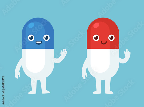 Cute cartoon character, medicine pill shaped pharmacy mascot. Two color variants vith different expressions and postures.