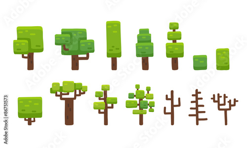 Set of stylized hand drawn cartoon trees isolated on white, suitable for platformer video game level backgrounds.