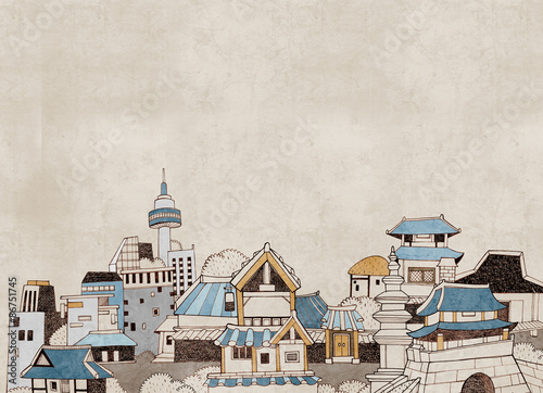 Canvas Print Seoul city and Korean architecture