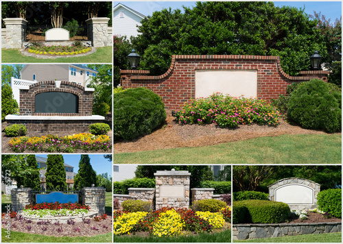 Suburban subdivisions entrance gates and gardens collage