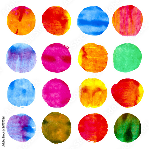 16 circle form brush stroke. Rounded colored shapes on white background