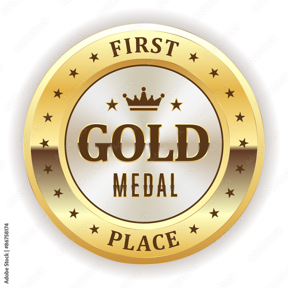 Round gold medal on white background
