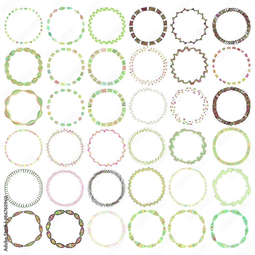 Round handdrawn wreaths on white background. Collection of clip art