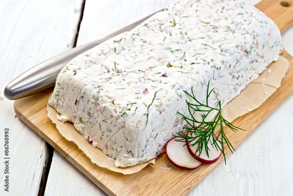 Terrine whole of curd and radish on paper and board Terrine whole of curd and radish on paper and board