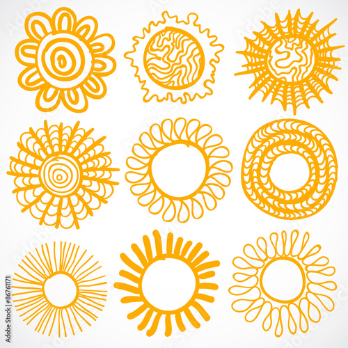 Vector set of different suns isolated, hand drawn illustration