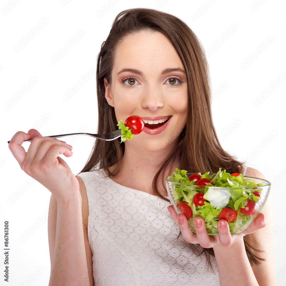 isolated a beautiful girl with salad on white background isolated a beautiful girl with salad on white background