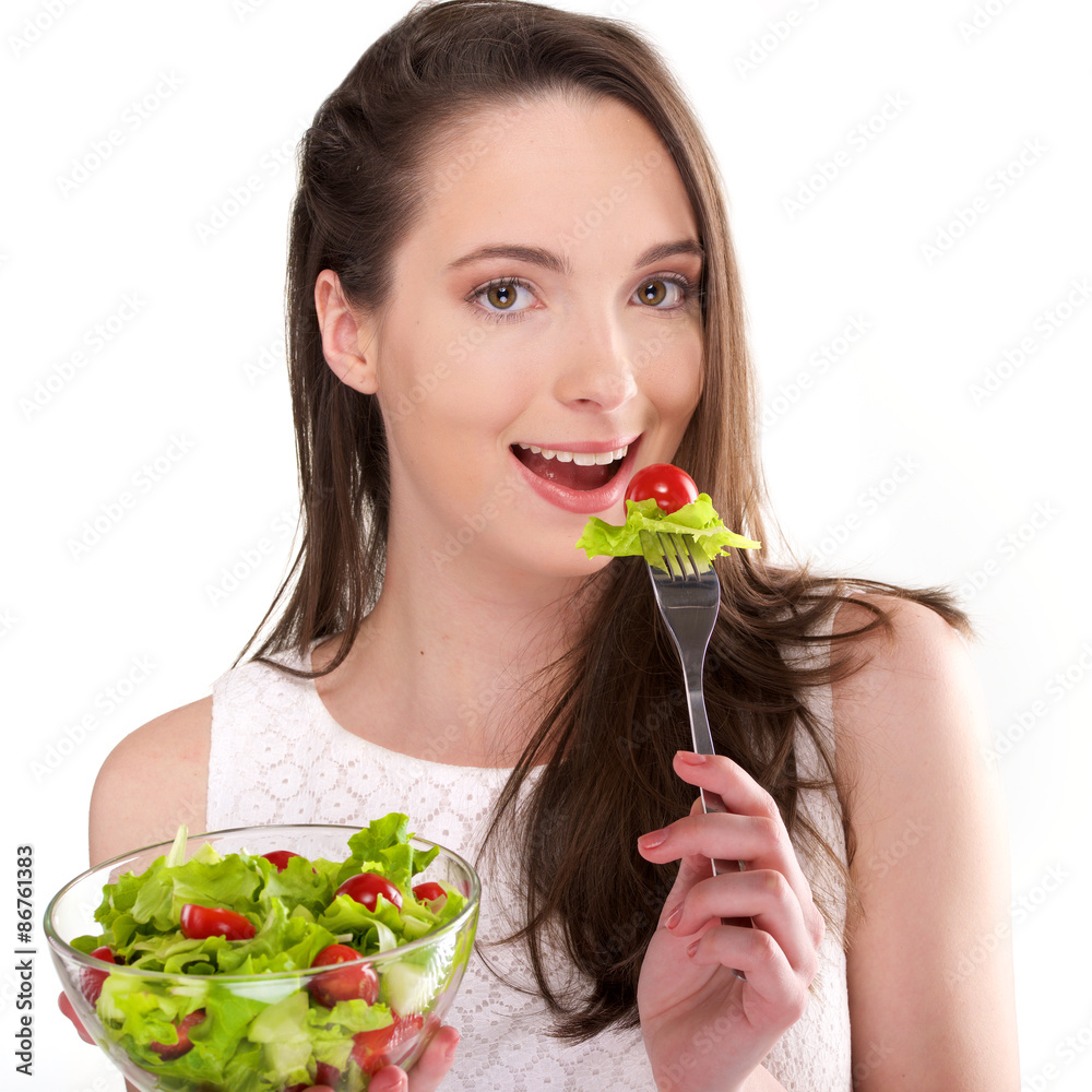 isolated a beautiful girl with salad on white background isolated a beautiful girl with salad on white background