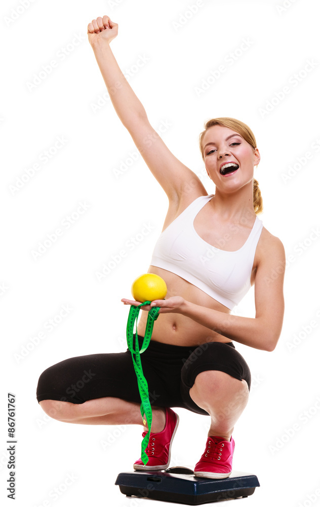 Happy woman weighing scale. Slimming weight loss. Happy woman weighing scale. Slimming weight loss.