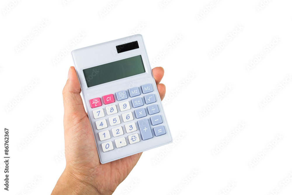 hand holding with calculator on white background hand holding with calculator on white background