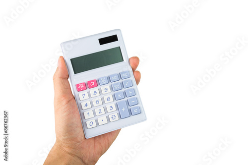 hand holding with calculator on white background
