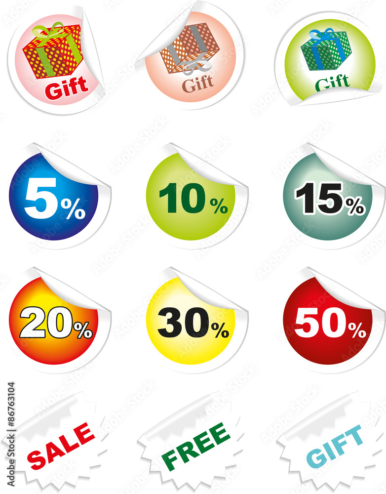 Collection of stickers with discounts and gifts Collection of stickers with discounts and gifts