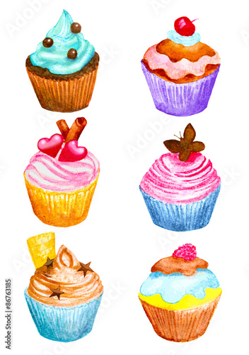 set of cupcakes made in watercolor. vector illustration