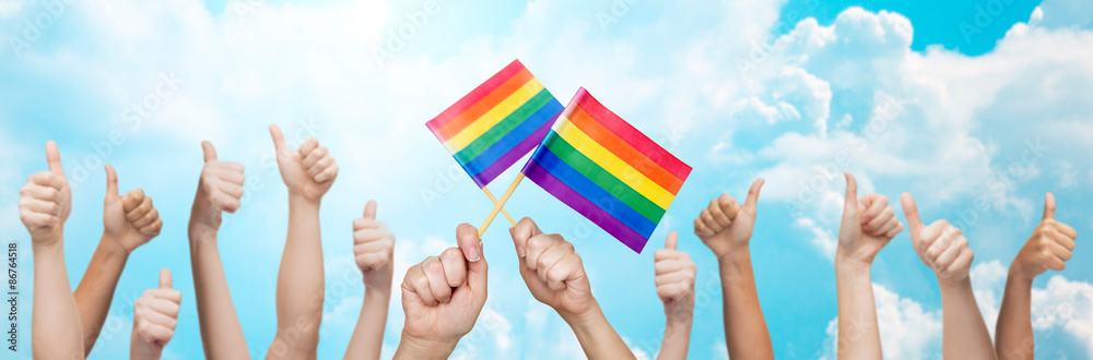 Fototapeta premium hands showing thumbs up and holding rainbow flags