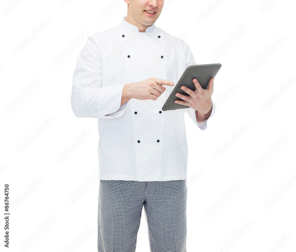 close up of happy male chef cook holding tablet pc close up of happy male chef cook holding tablet pc