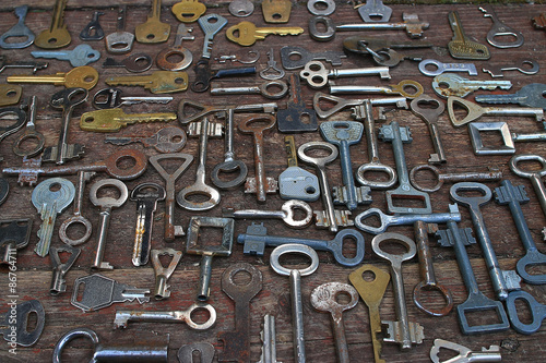 Keys locks wooden background