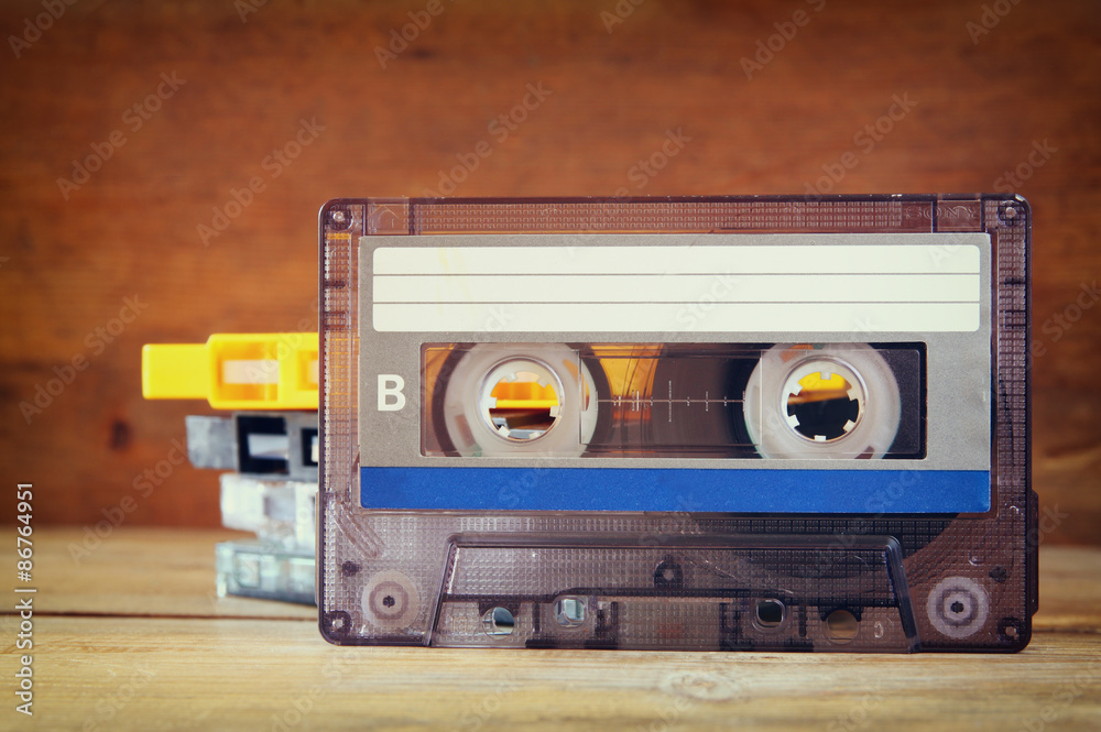 Obraz premium close up photo of stack of Cassette tapes . retro style image 