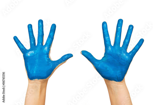 human hands painted with blue color