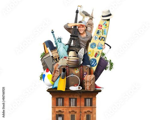 Tourist on the roof with luggage and landmarks