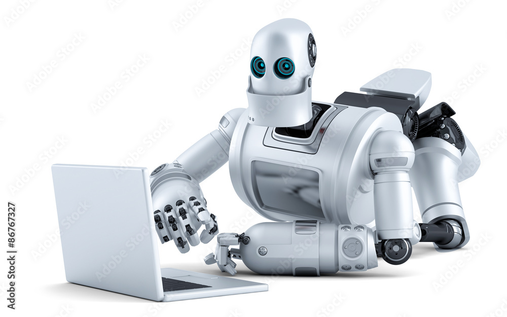 Robot laying on floor with laptop. Isolated. Contains clipping path Robot laying on floor with laptop. Isolated. Contains clipping path