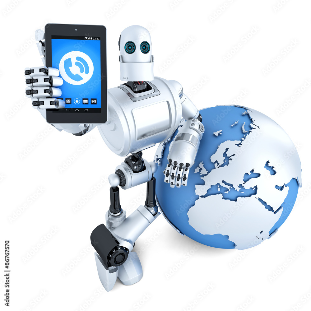 Robot with tablet phone. Global communication concept. Isolated. Contains clipping path Robot with tablet phone. Global communication concept. Isolated. Contains clipping path