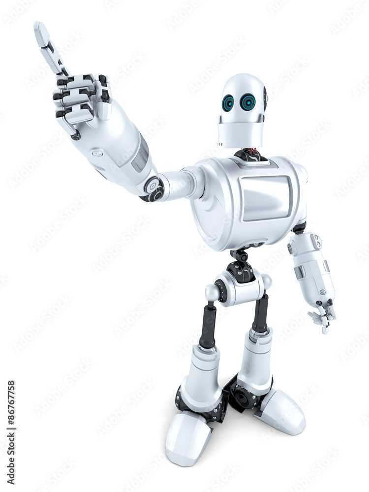 Robot pointing on something. Isolated. Contains clipping path Robot pointing on something. Isolated. Contains clipping path