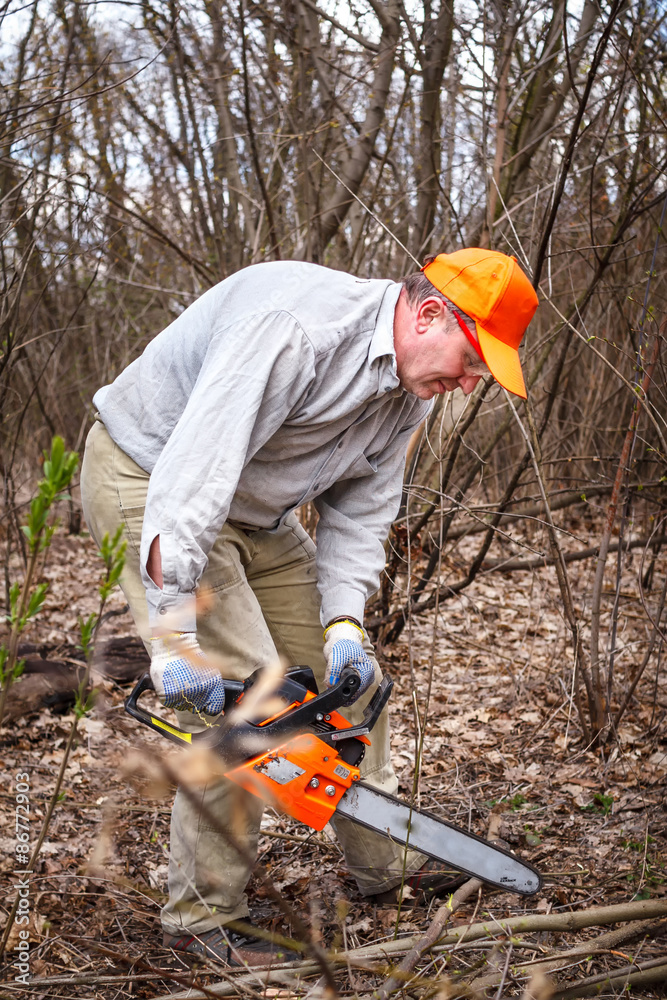 woodman uses his chainsaw cut the tree woodman uses his chainsaw cut the tree