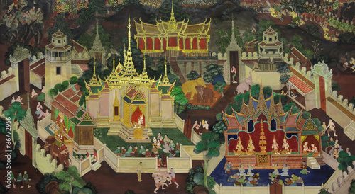 Thai mural painting of the life of Buddha on temple wall, Thailand