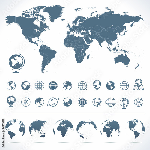 World Map, Globes Icons and Symbols - Illustration.Vector set of world map and globes.
