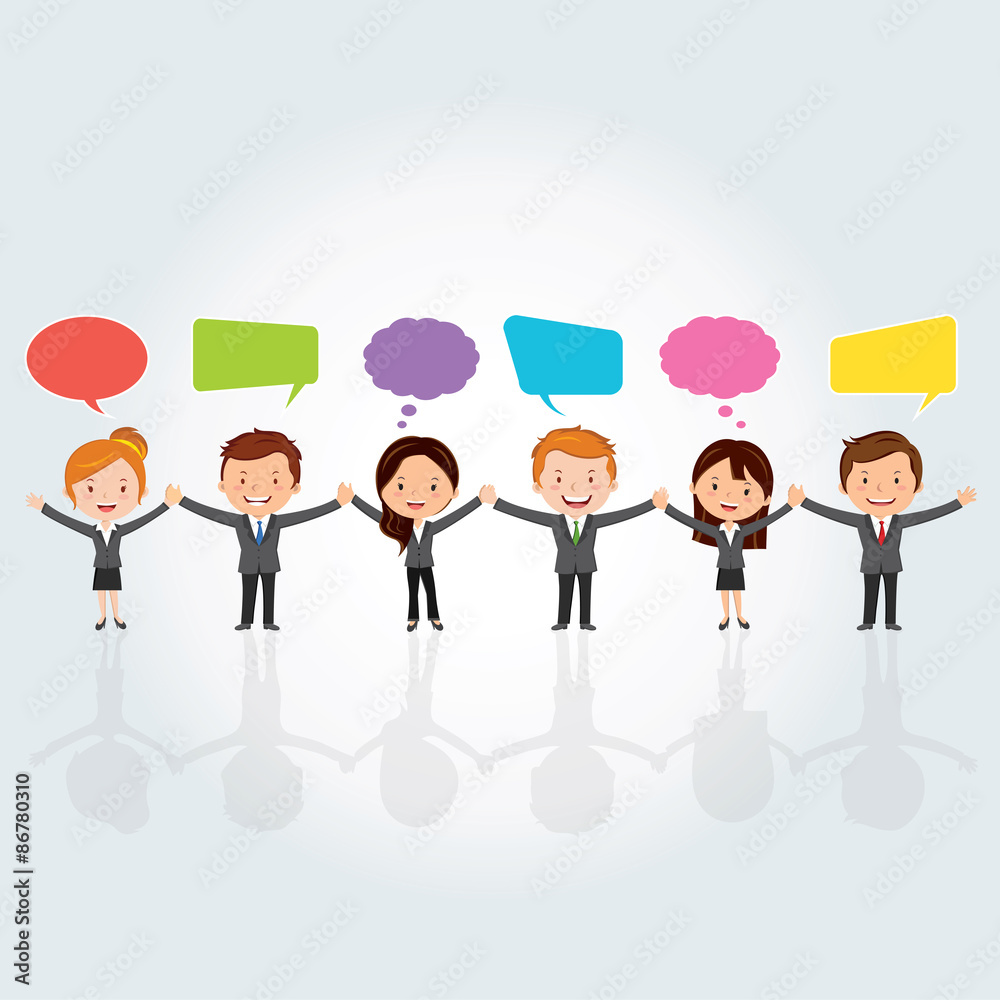 Teamwork concept. Vector illustration of a group of International business people holding hands with chat or thinking bubbles. Teamwork concept. Vector illustration of a group of International business people holding hands with chat or thinking bubbles.
