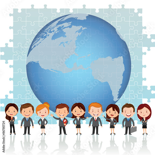 Global teamwork solution. Vector illustration of group of successful people standing against global and jigsaw puzzle background with confidence and grateful look.