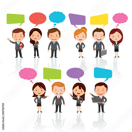 Social Media .Group of International business people with chat or thinking bubbles.