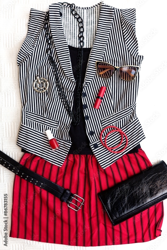 Punk / rock fashion outfit. Black, white and red combination.Top view.  Stock Photo | Adobe Stock