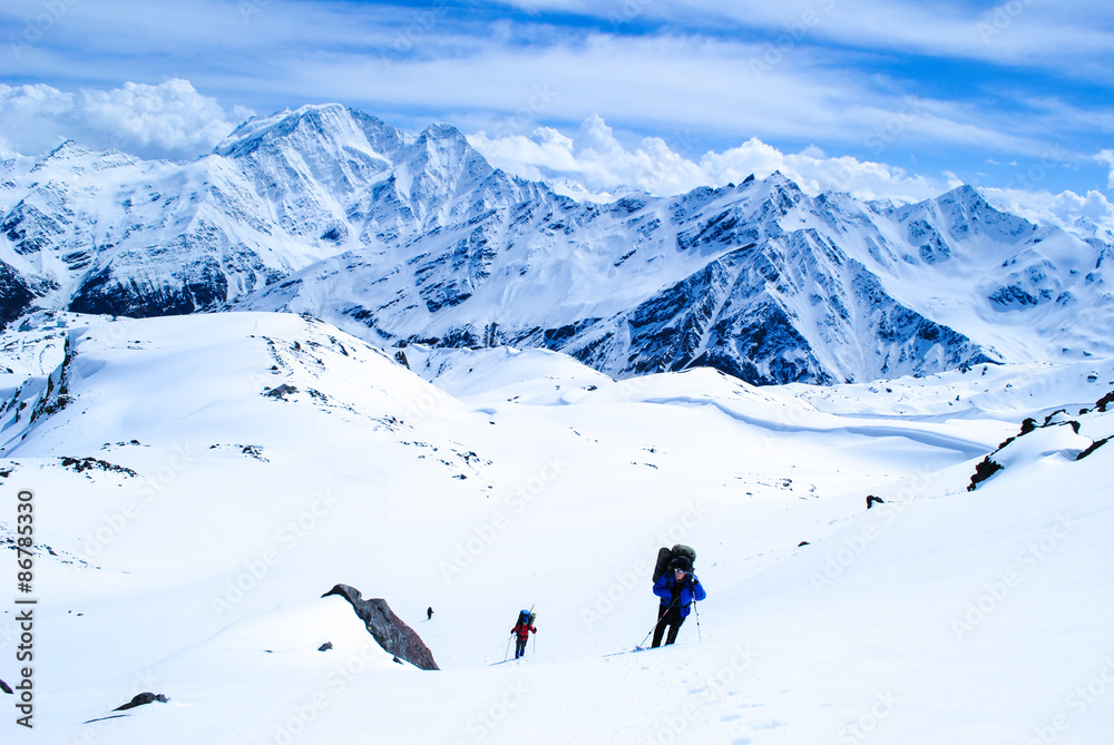 Hiking in winter mountains