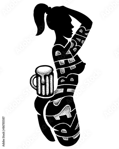 Sexy girl with beer hand drawn silhouette isolated on white background